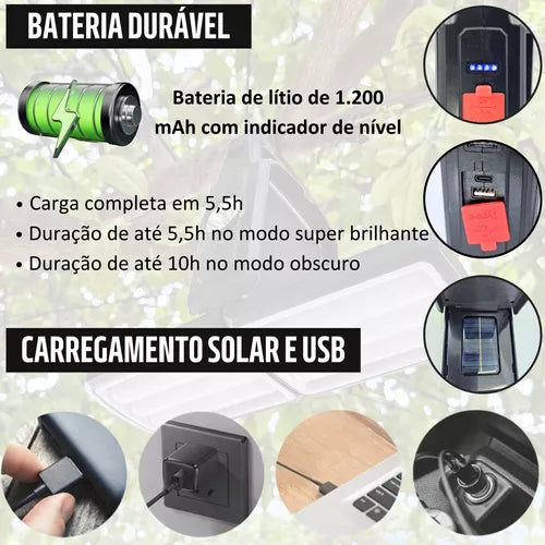 Lampião Led Recarregável Lâmpada Camping Solar Usb Pescaria