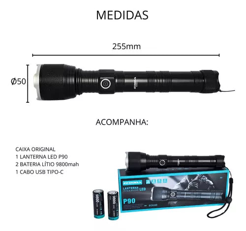 Lanterna Tática P90 Ec6249 Potência Extrema Longo Alcance Lanterna Preto Luz Branco