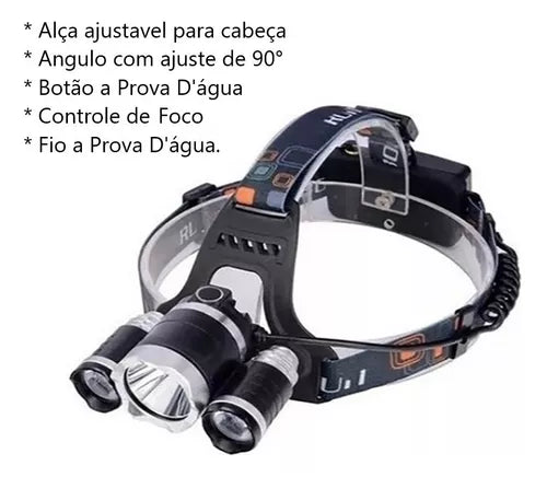 Lanterna de Cabeça EC-62222 3 LED Recarregável Profissional