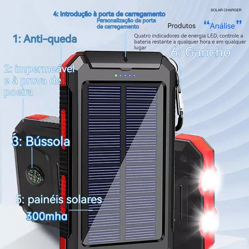 Powerbank 20000 Mah Carregador Solar C/luzes + Bússola Preto.