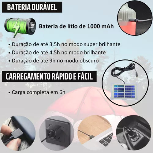 Lampião Led Potente Recarregável Lamparina Camping Barraca