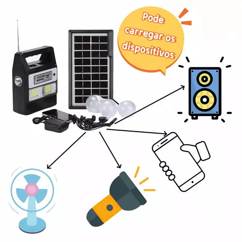 Kit Bateria Portátil Painel Solar 3 Lâmpadas Led Rádio Mp3