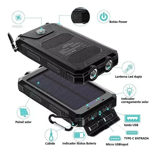 Powerbank 20000 Mah Carregador Solar C/luzes + Bússola Preto.