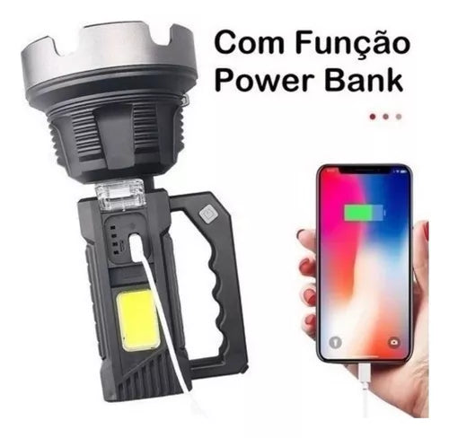 Lanterna Holofote C/ Power Bank + Led Lateral Alcança 2km
