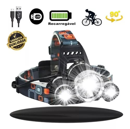 Lanterna de Cabeça EC-62222 3 LED Recarregável Profissional