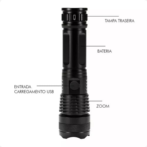 T9 Lanterna Tática Led Recarregável A Mais Potente Zoom Xhp Preto Luz Branco