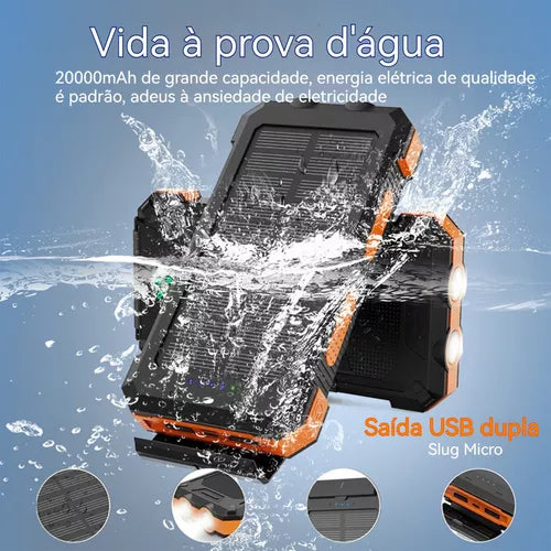 Powerbank 20000 Mah Carregador Solar C/luzes + Bússola Preto.